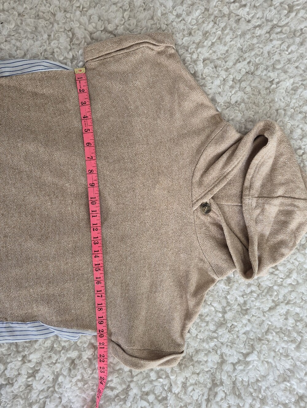 Korean Mixed Media Hooded Tunic Dress Beige Knit Blue Stripe Layered FIts M/S - Picture 5 of 11